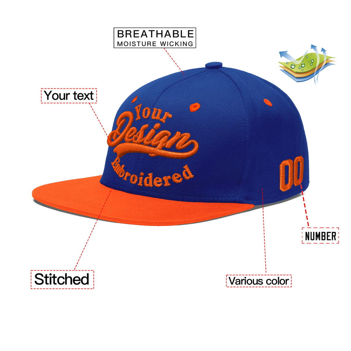 Custom Royal Blue Orange 3D Puff Embroidery Flat Embroidery Casual Sport Baseball Cap
