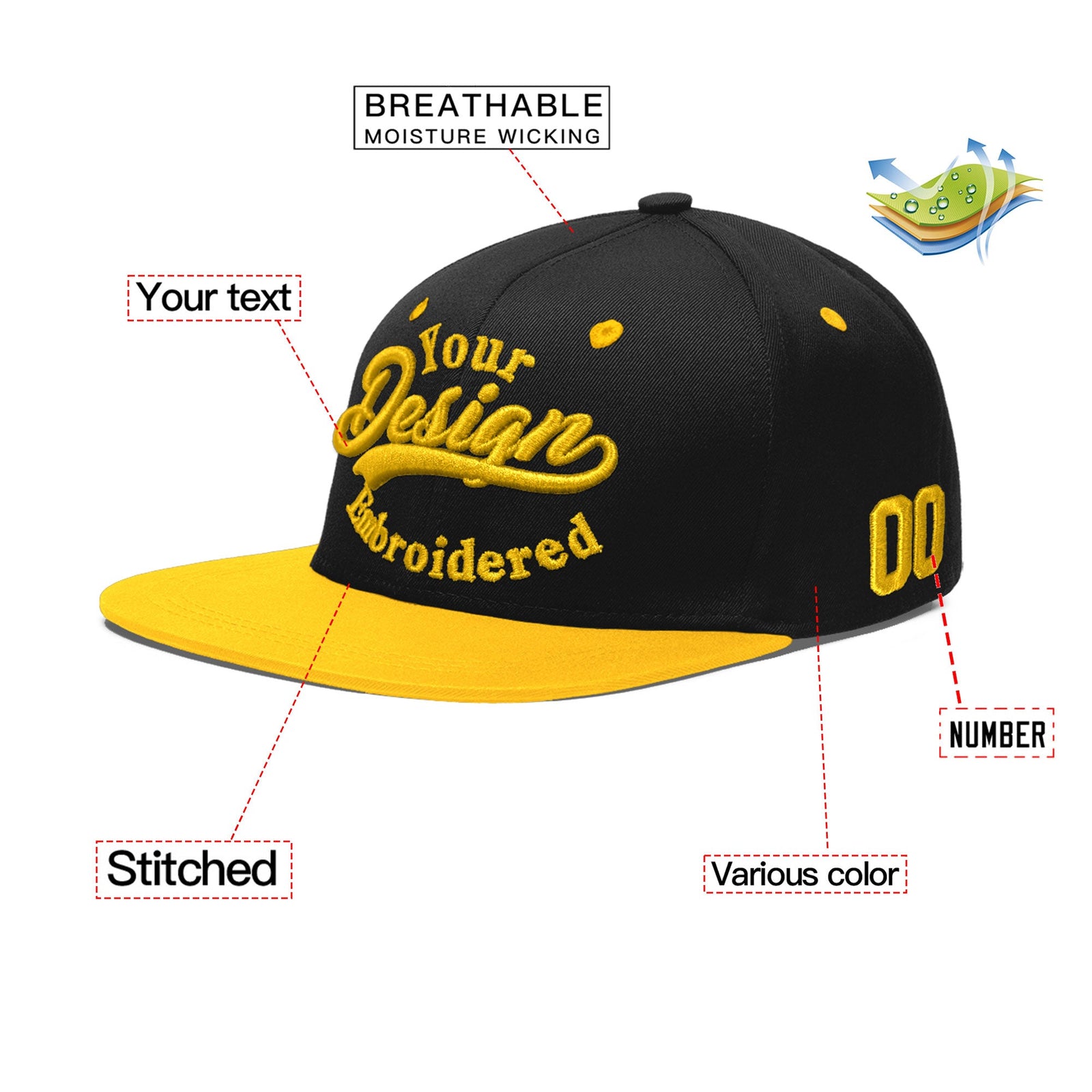 Custom Black Gold 3D Puff Embroidery Flat Embroidery Casual Sport Baseball Cap