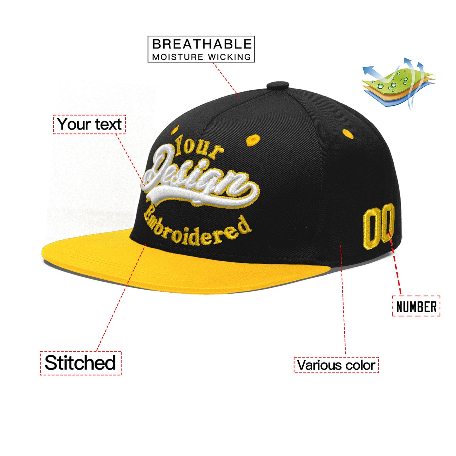 Custom Black Gold 3D Puff Embroidery Flat Embroidery Casual Sport Baseball Cap