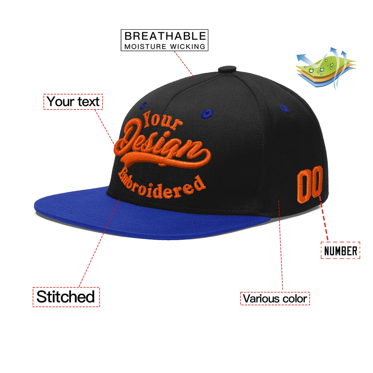 Custom Black Royal Blue 3D Puff Embroidery Flat Embroidery Casual Sport Baseball Cap