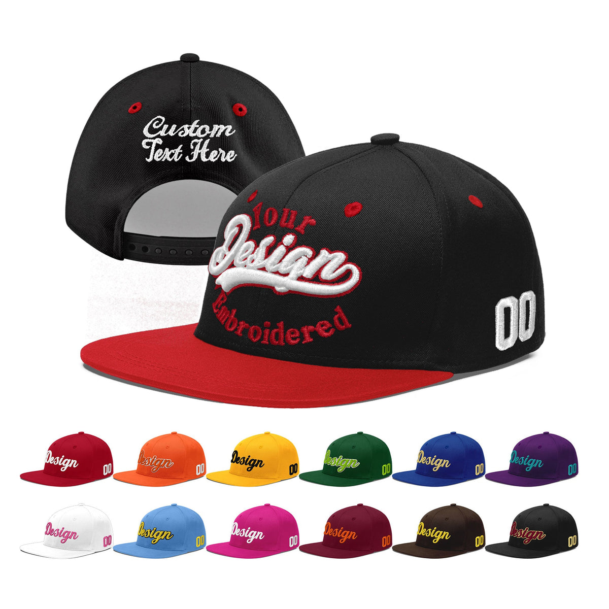 Custom Black Red 3D Puff Embroidery Flat Embroidery Casual Sport Baseball Cap