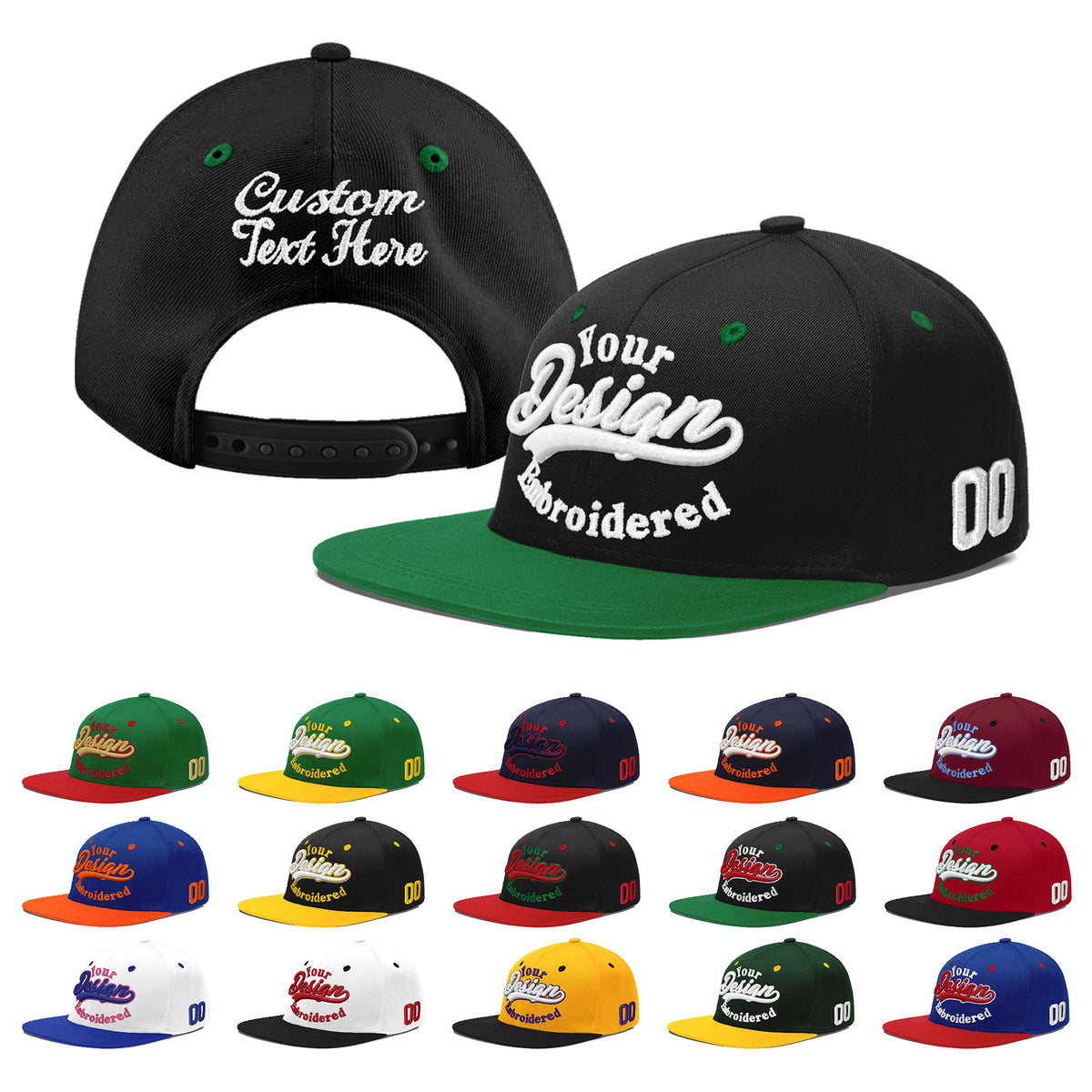 Custom Black Kelly Green 3D Puff Embroidery Flat Embroidery Casual Sport Baseball Cap