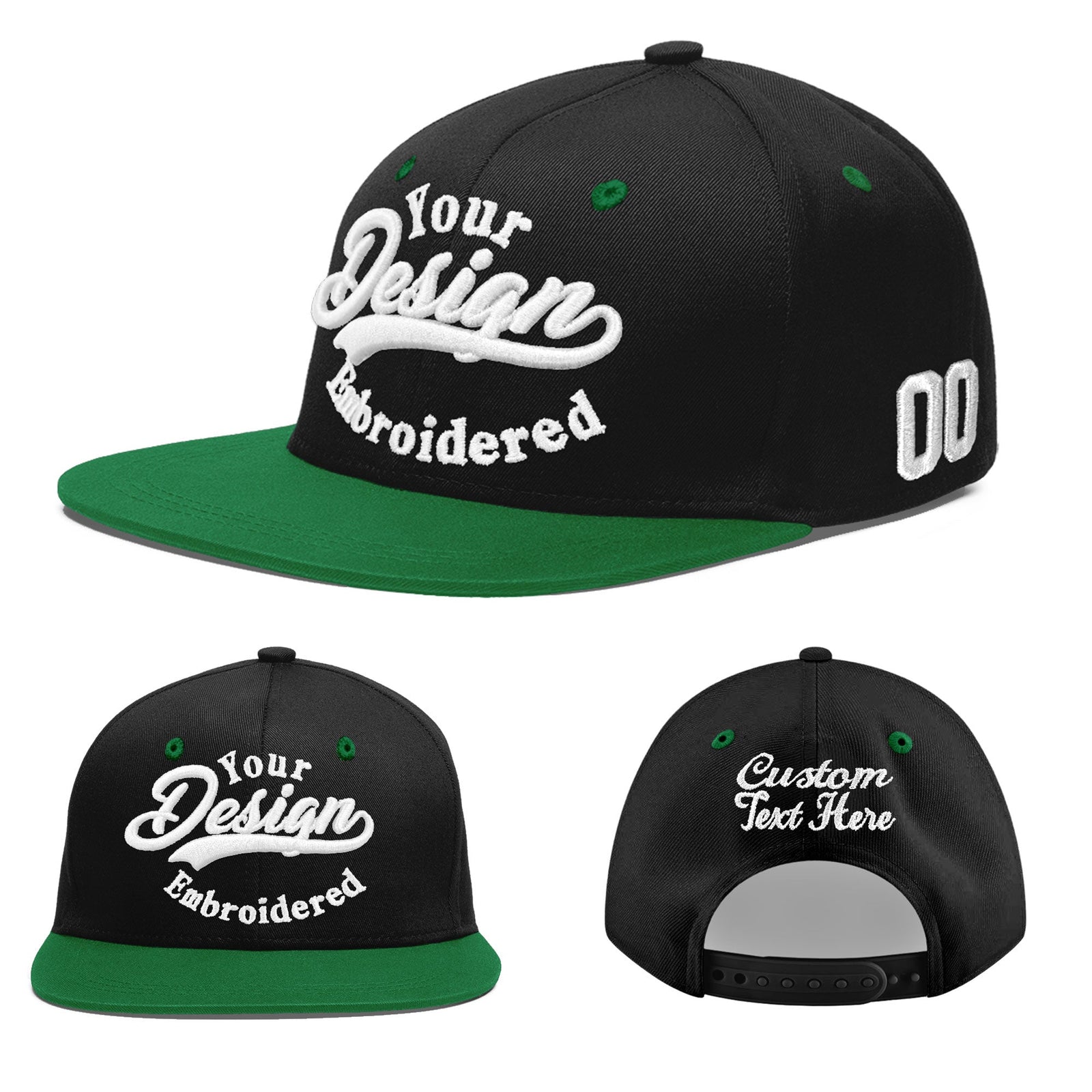 Custom Black Kelly Green 3D Puff Embroidery Flat Embroidery Casual Sport Baseball Cap
