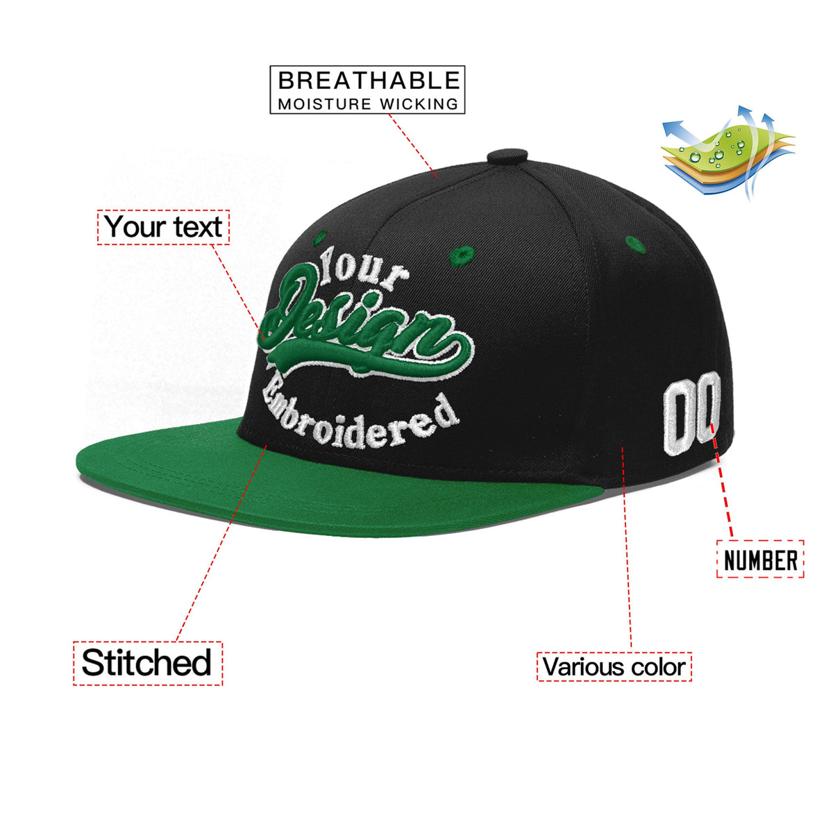Custom Black Kelly Green 3D Puff Embroidery Flat Embroidery Casual Sport Baseball Cap