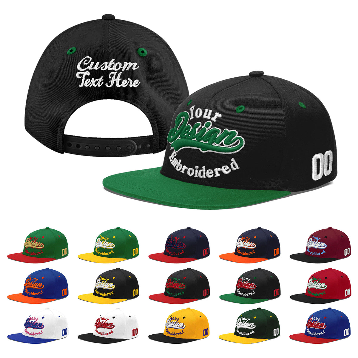 Custom Black Kelly Green 3D Puff Embroidery Flat Embroidery Casual Sport Baseball Cap