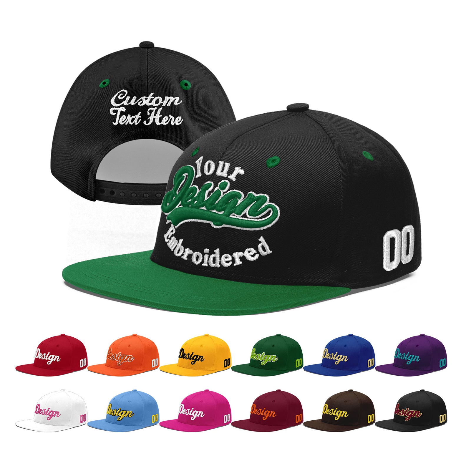 Custom Black Kelly Green 3D Puff Embroidery Flat Embroidery Casual Sport Baseball Cap