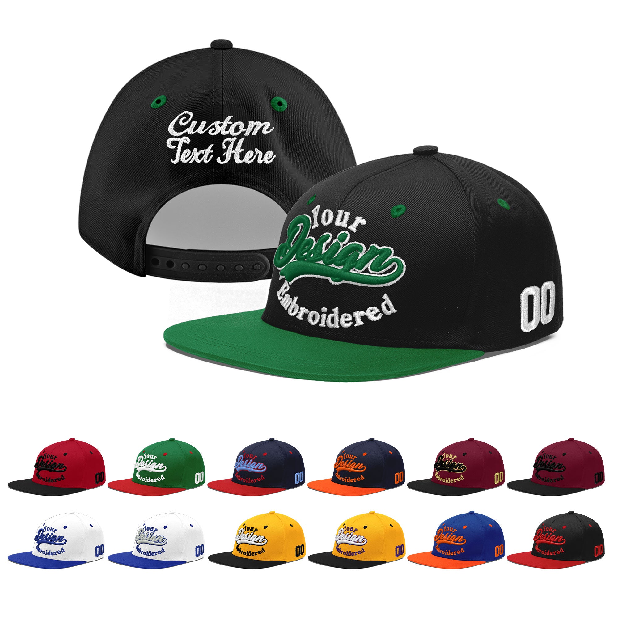 Custom Black Kelly Green 3D Puff Embroidery Flat Embroidery Casual Sport Baseball Cap