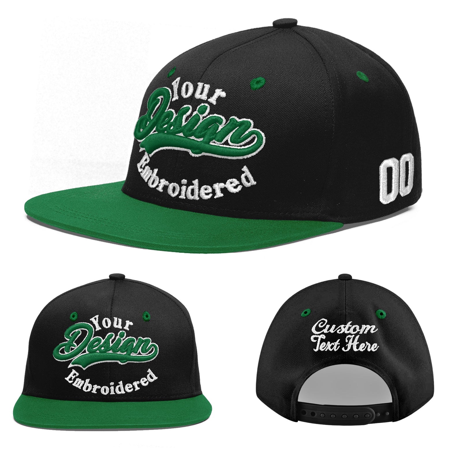Custom Black Kelly Green 3D Puff Embroidery Flat Embroidery Casual Sport Baseball Cap