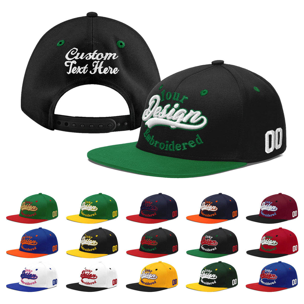 Custom Black Kelly Green 3D Puff Embroidery Flat Embroidery Casual Sport Baseball Cap