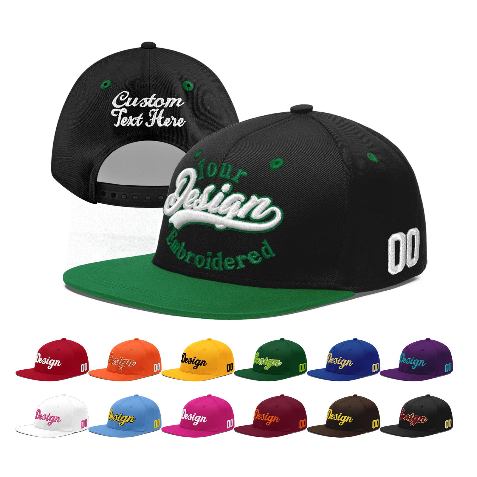 Custom Black Kelly Green 3D Puff Embroidery Flat Embroidery Casual Sport Baseball Cap