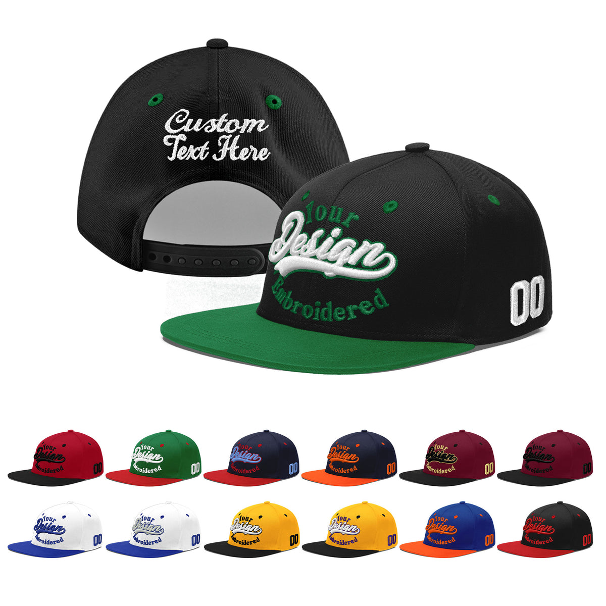 Custom Black Kelly Green 3D Puff Embroidery Flat Embroidery Casual Sport Baseball Cap