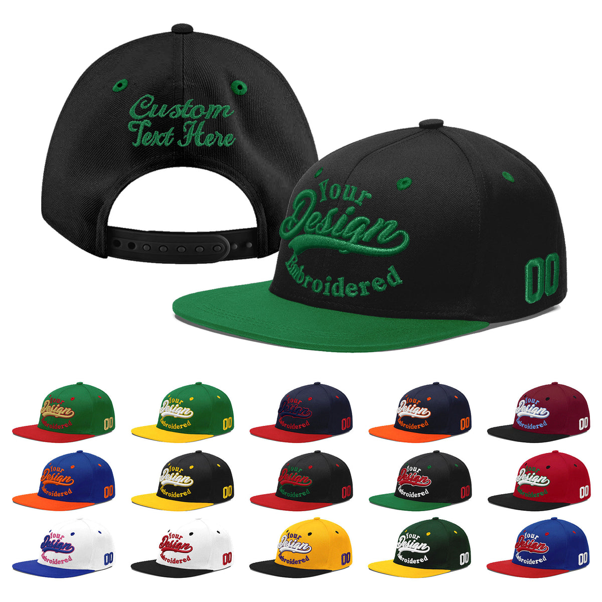 Custom Black Kelly Green 3D Puff Embroidery Flat Embroidery Casual Sport Baseball Cap