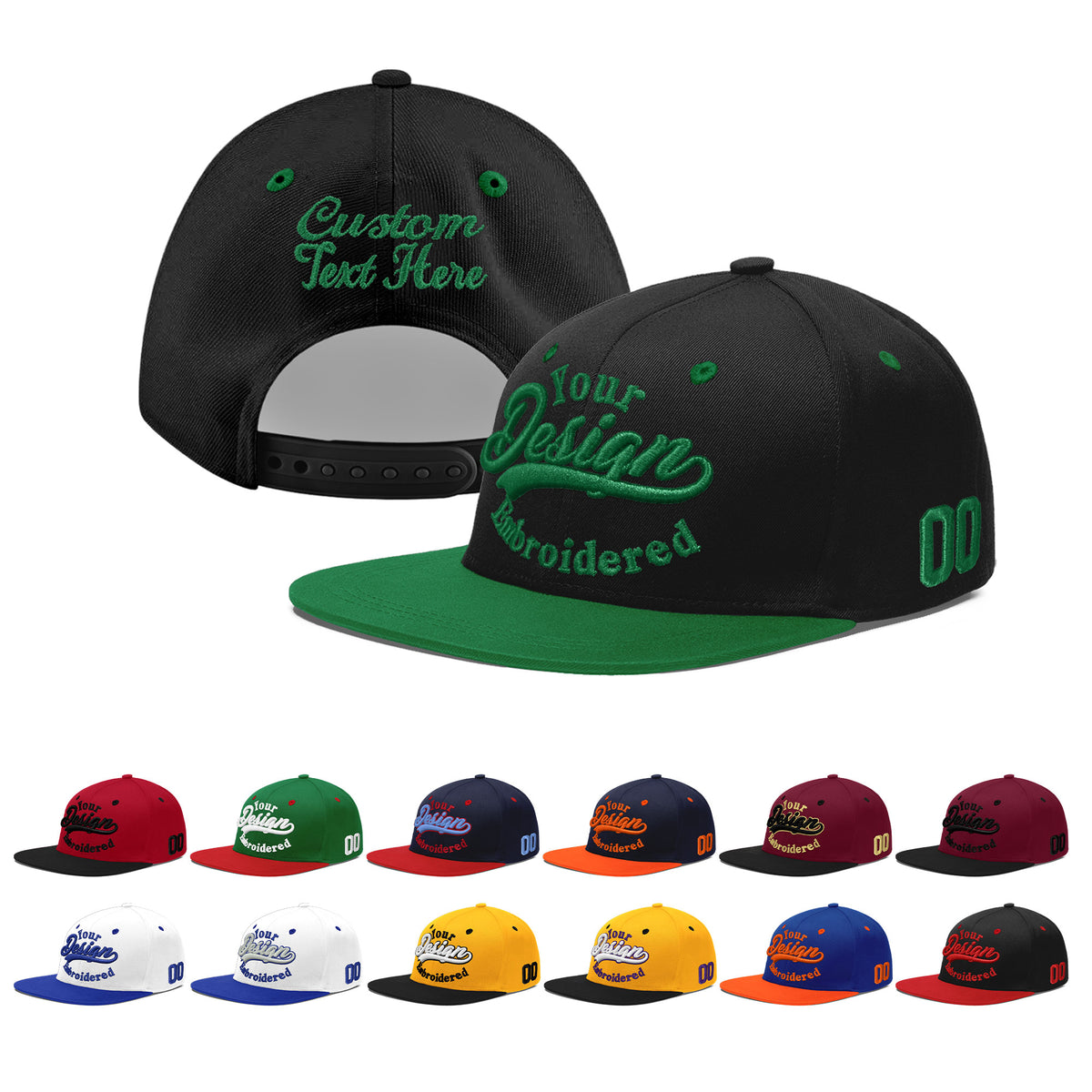 Custom Black Kelly Green 3D Puff Embroidery Flat Embroidery Casual Sport Baseball Cap