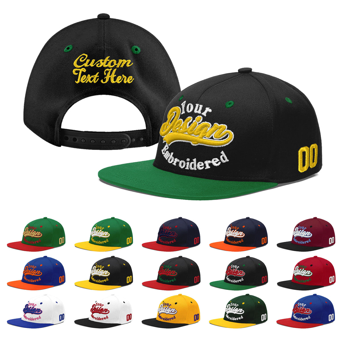 Custom Black Kelly Green 3D Puff Embroidery Flat Embroidery Casual Sport Baseball Cap