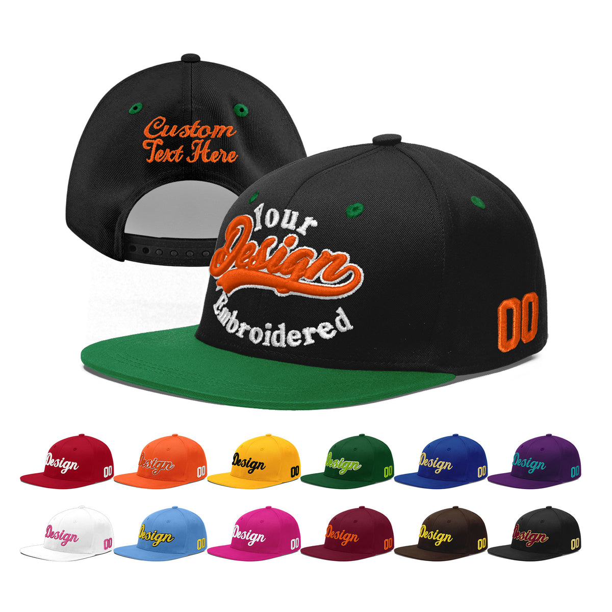 Custom Black Kelly Green 3D Puff Embroidery Flat Embroidery Casual Sport Baseball Cap