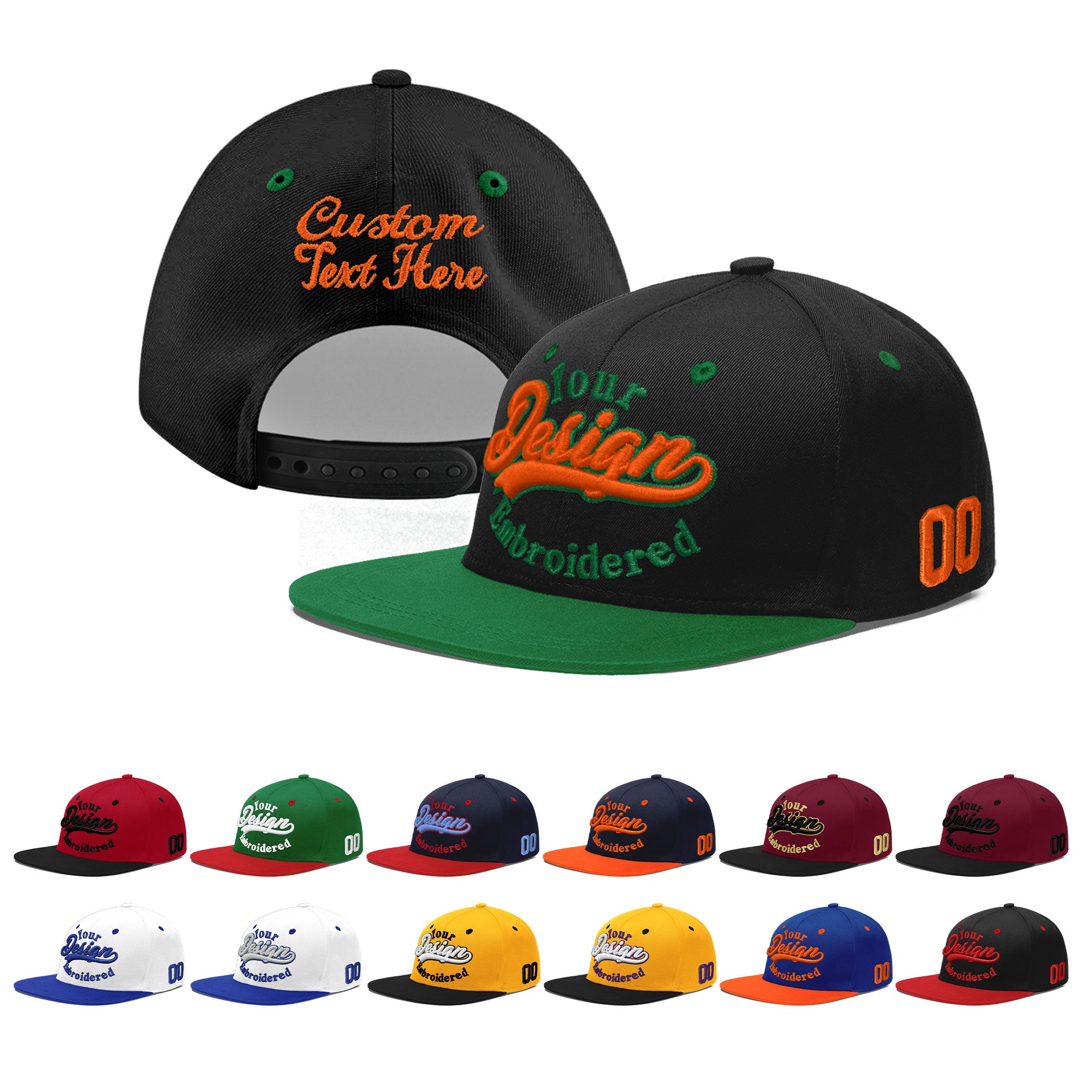 Custom Black Kelly Green 3D Puff Embroidery Flat Embroidery Casual Sport Baseball Cap