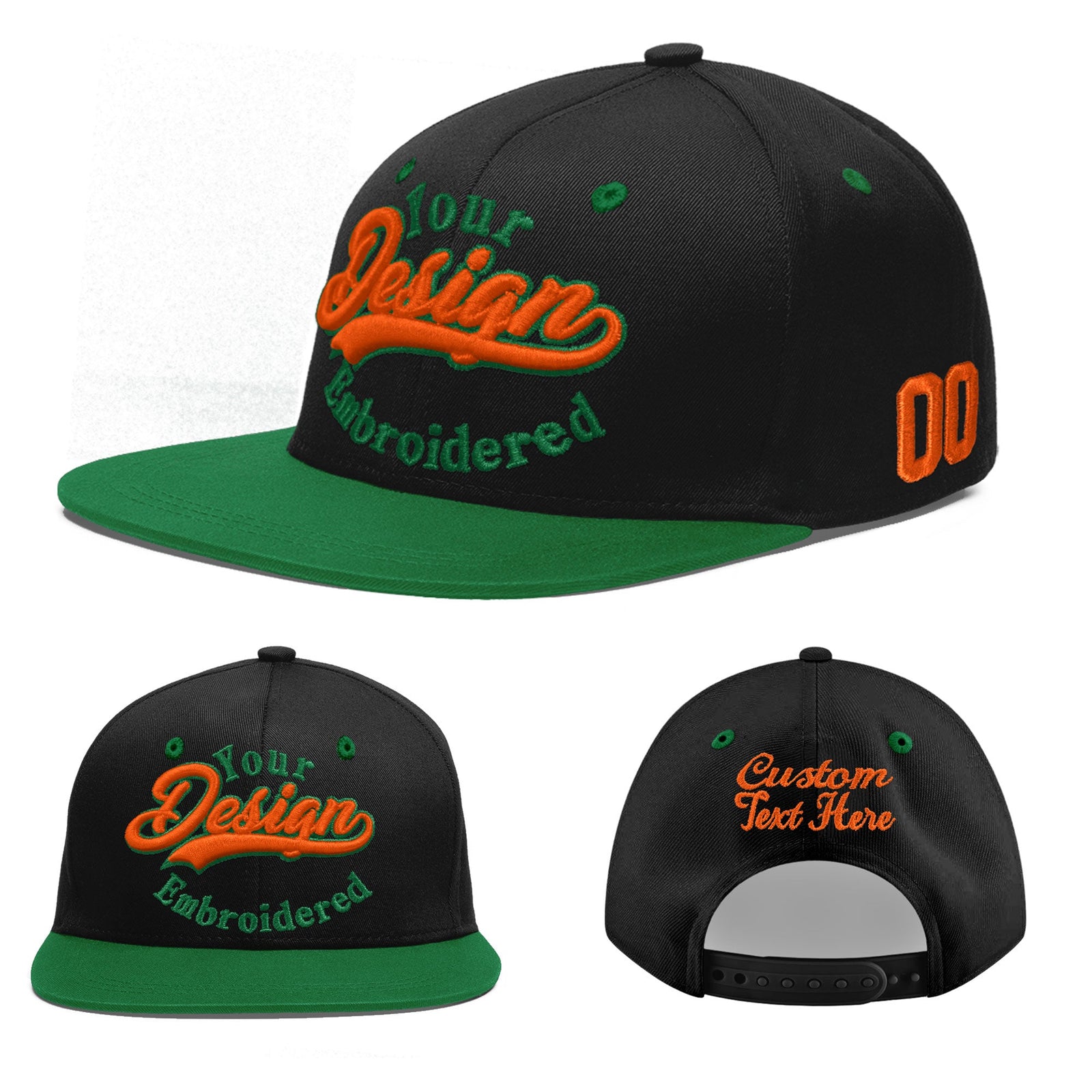 Custom Black Kelly Green 3D Puff Embroidery Flat Embroidery Casual Sport Baseball Cap