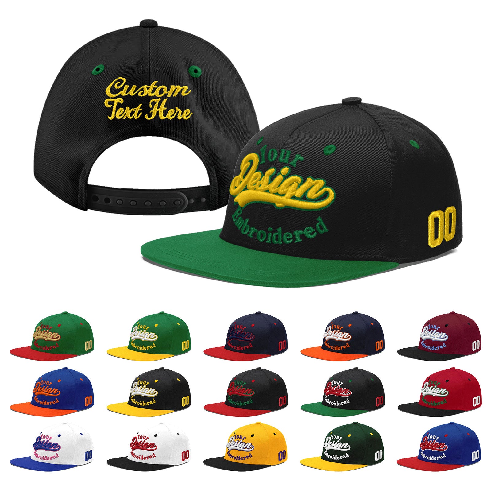 Custom Black Kelly Green 3D Puff Embroidery Flat Embroidery Casual Sport Baseball Cap