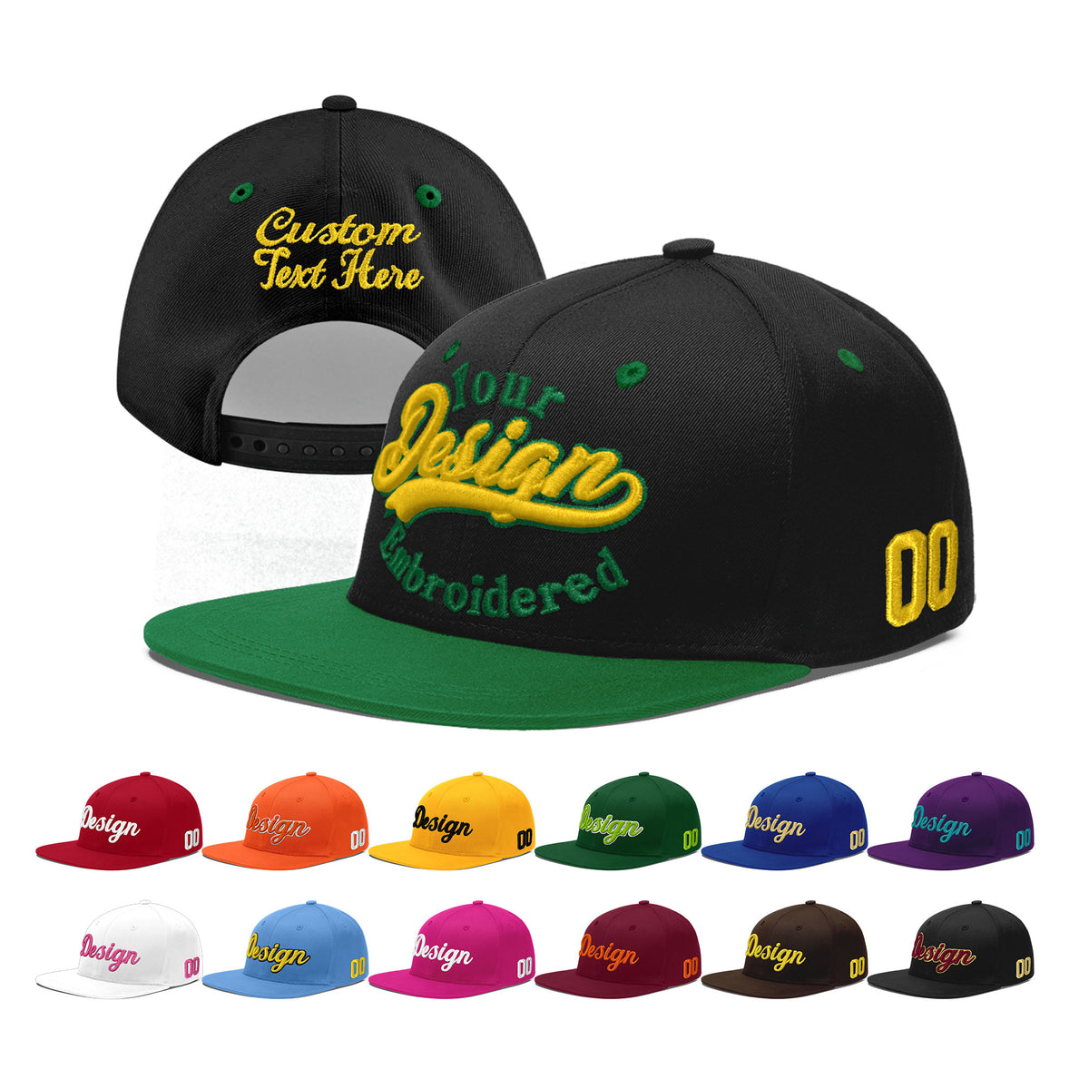Custom Black Kelly Green 3D Puff Embroidery Flat Embroidery Casual Sport Baseball Cap