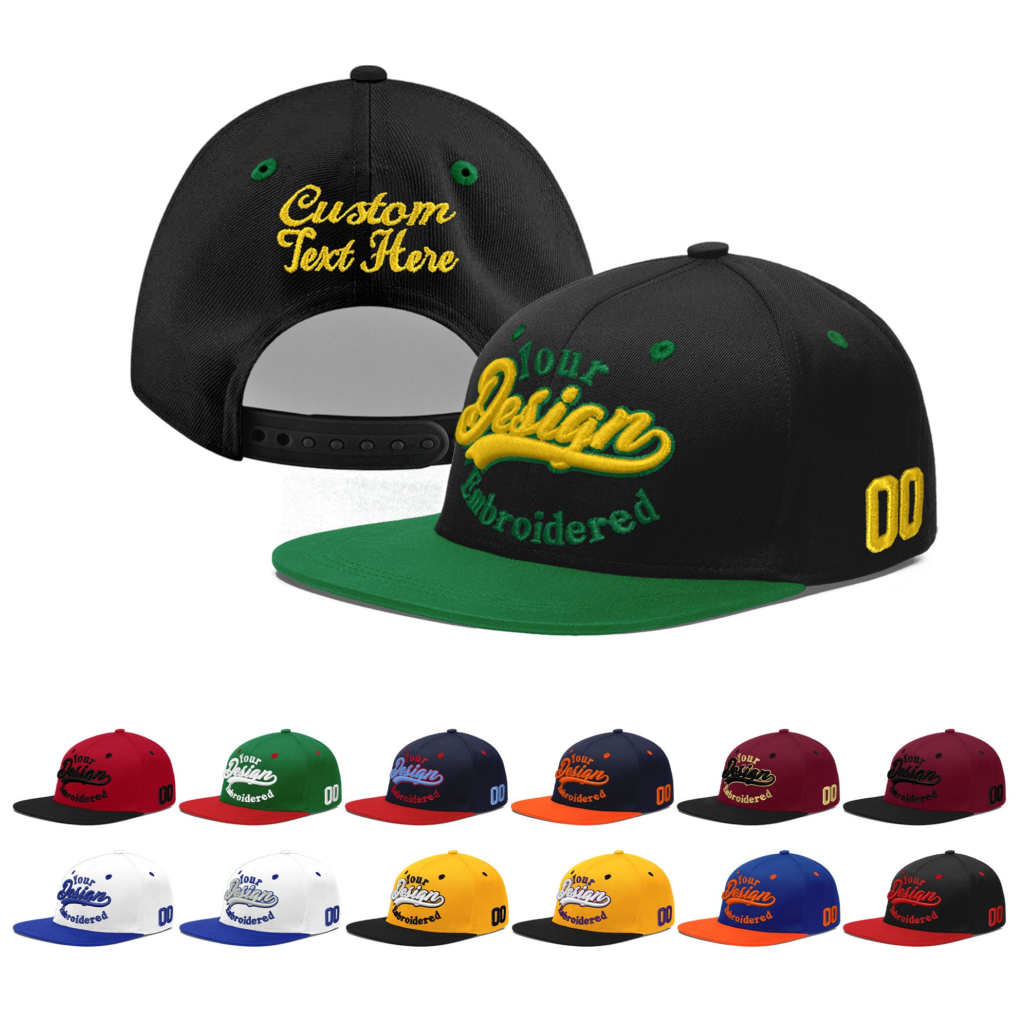 Custom Black Kelly Green 3D Puff Embroidery Flat Embroidery Casual Sport Baseball Cap