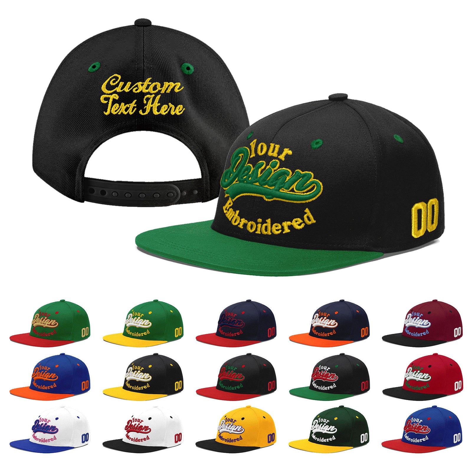 Custom Black Kelly Green 3D Puff Embroidery Flat Embroidery Casual Sport Baseball Cap