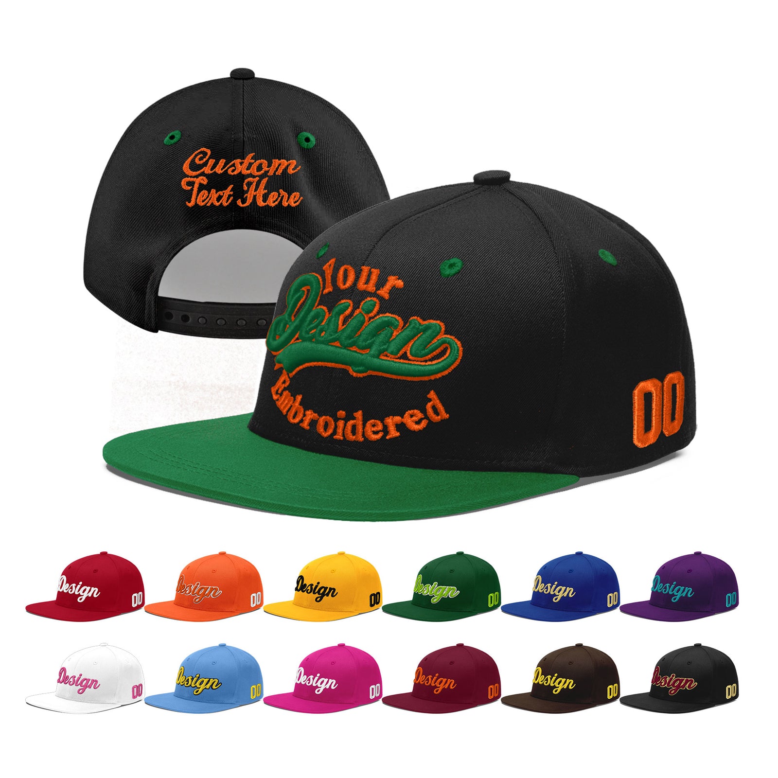 Custom Black Kelly Green 3D Puff Embroidery Flat Embroidery Casual Sport Baseball Cap