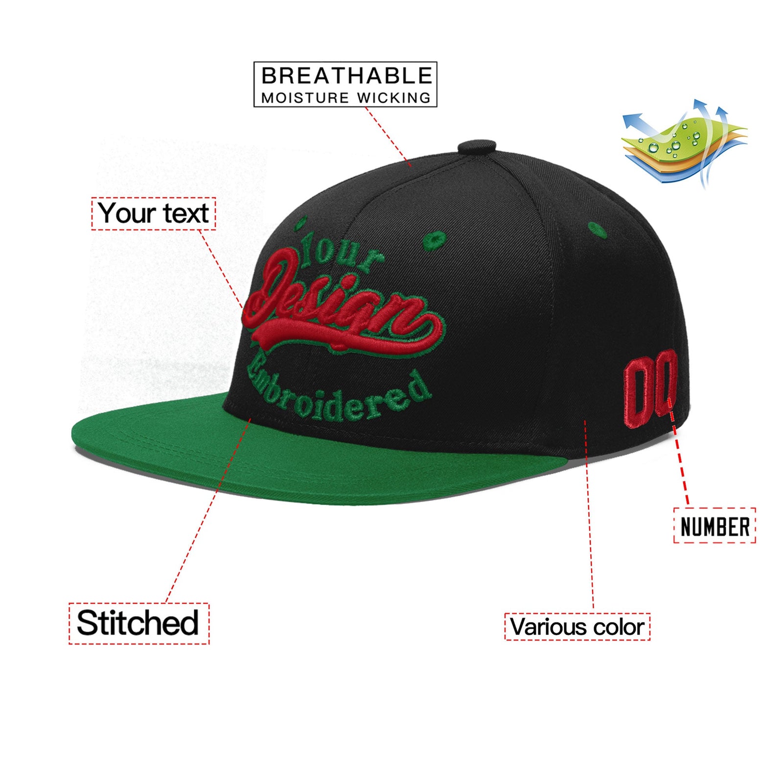 Custom Black Kelly Green 3D Puff Embroidery Flat Embroidery Casual Sport Baseball Cap