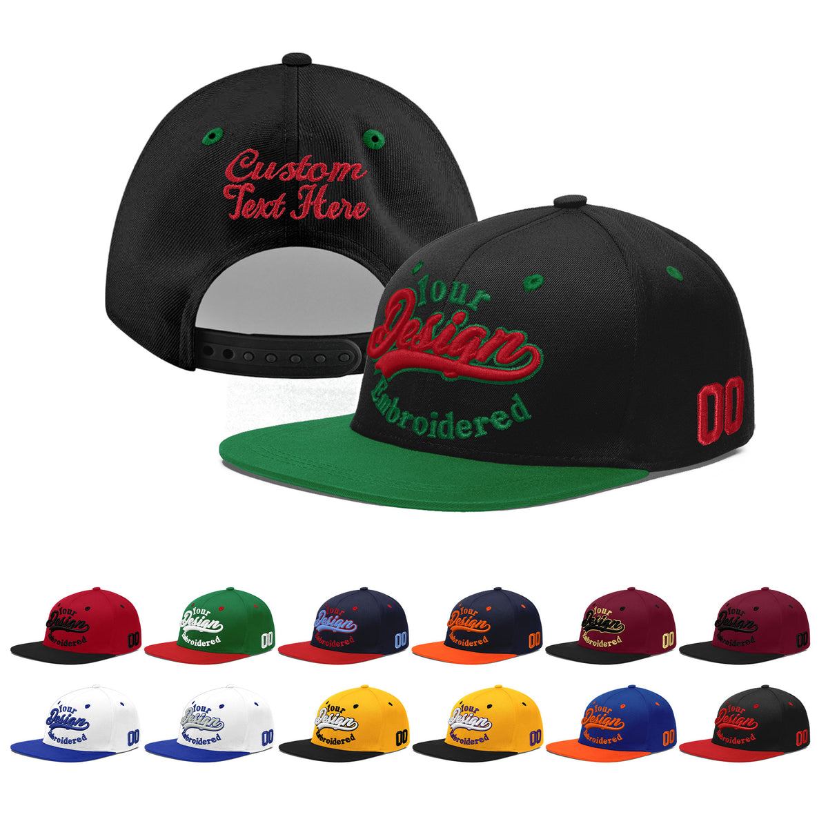 Custom Black Kelly Green 3D Puff Embroidery Flat Embroidery Casual Sport Baseball Cap