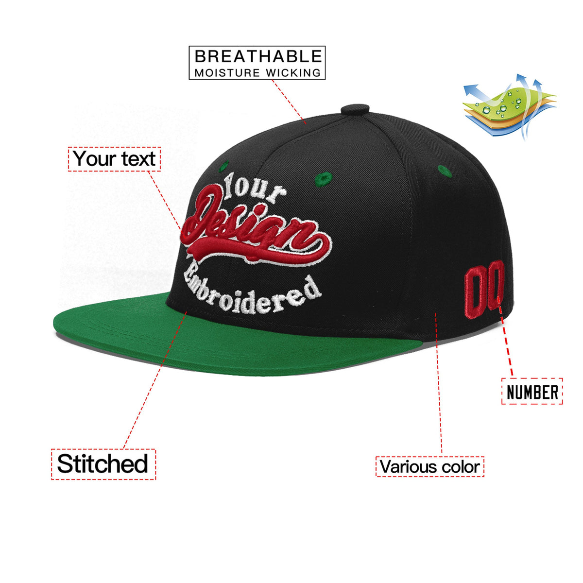 Custom Black Kelly Green 3D Puff Embroidery Flat Embroidery Casual Sport Baseball Cap