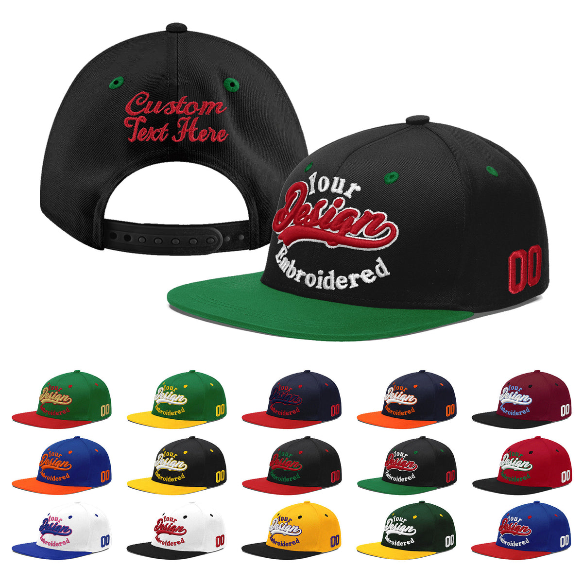 Custom Black Kelly Green 3D Puff Embroidery Flat Embroidery Casual Sport Baseball Cap