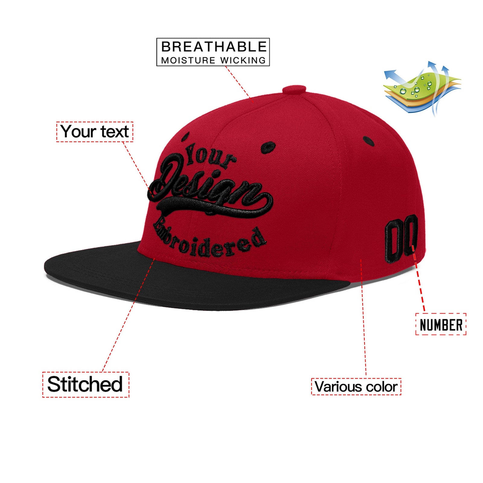 Custom Red Black 3D Puff Embroidery Flat Embroidery Casual Sport Baseball Cap