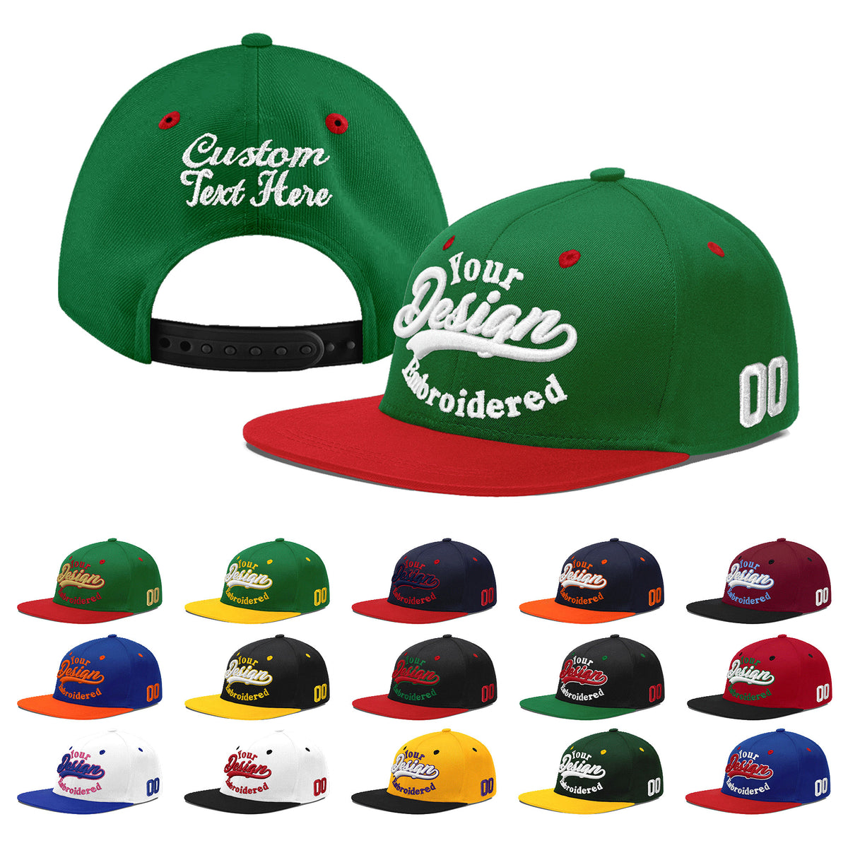Custom Kelly Green Red 3D Puff Embroidery Flat Embroidery Casual Sport Baseball Cap