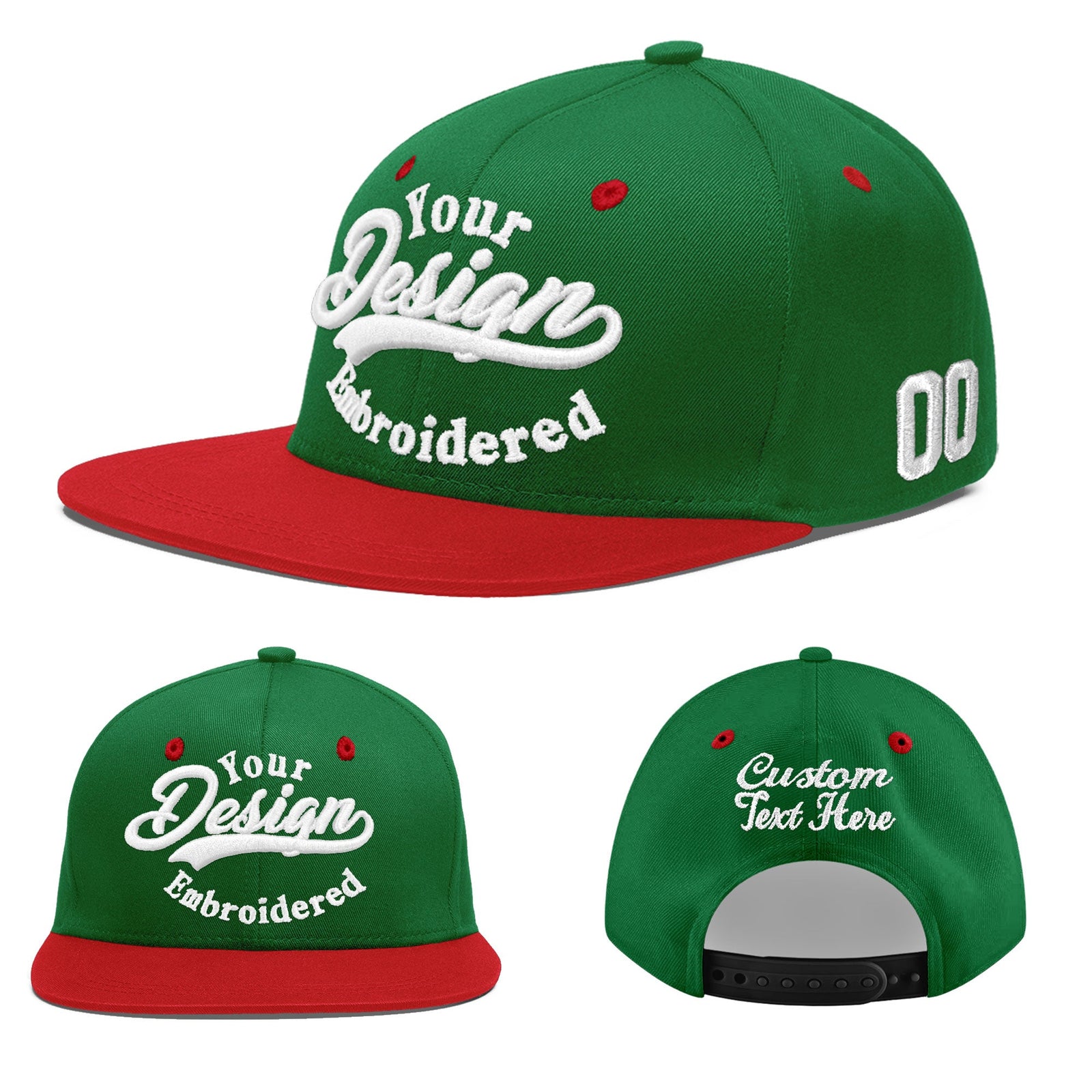Custom Kelly Green Red 3D Puff Embroidery Flat Embroidery Casual Sport Baseball Cap