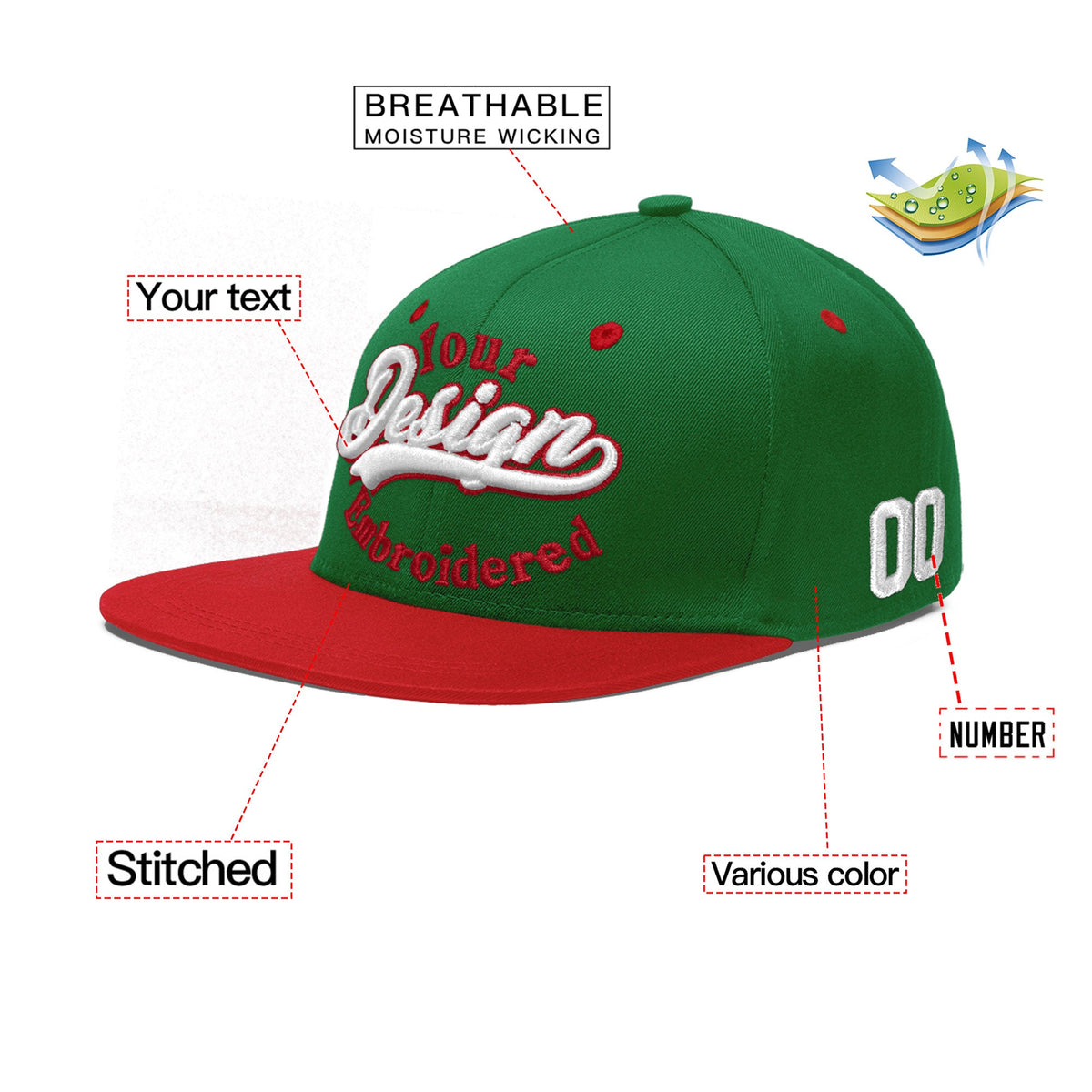 Custom Kelly Green Red 3D Puff Embroidery Flat Embroidery Casual Sport Baseball Cap