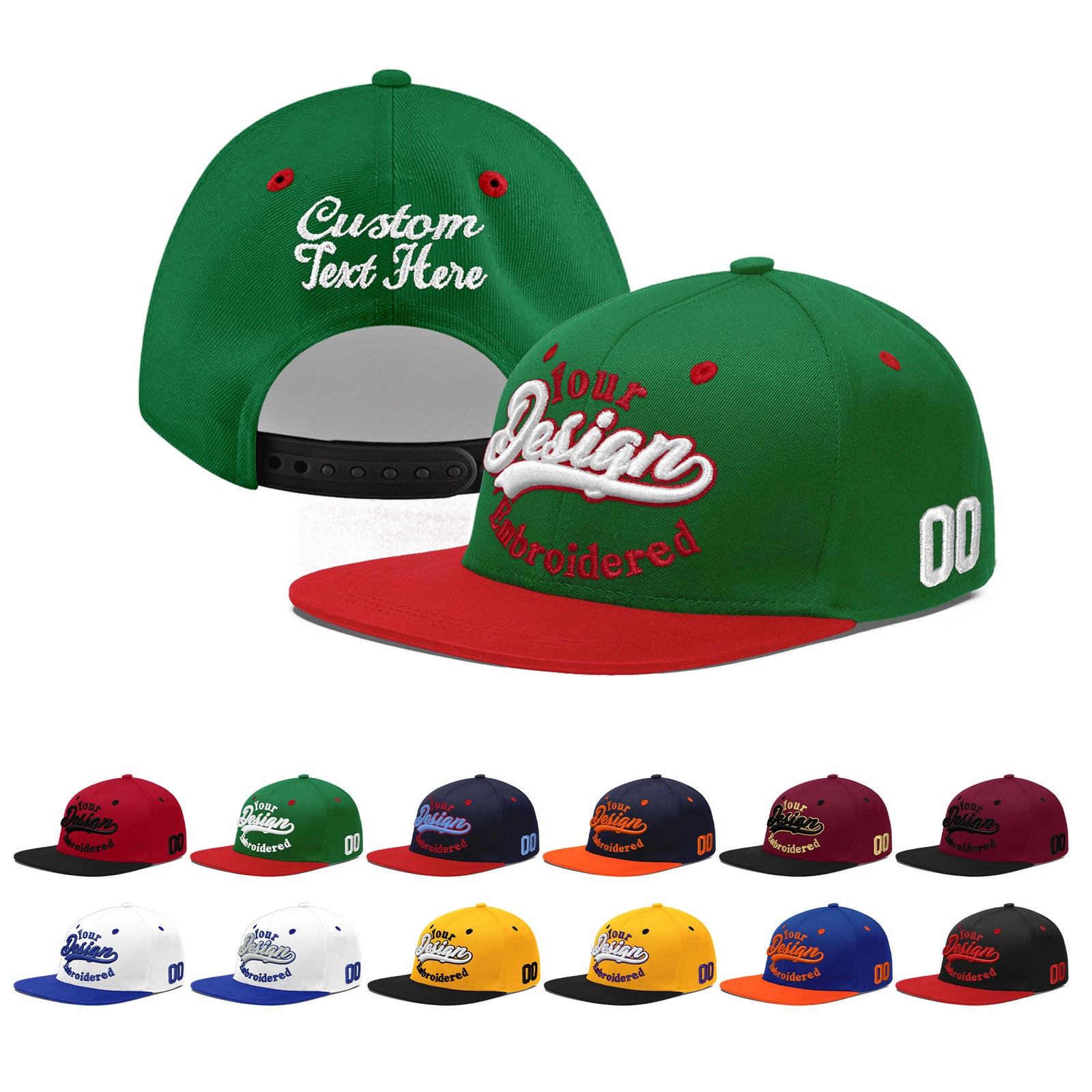 Custom Kelly Green Red 3D Puff Embroidery Flat Embroidery Casual Sport Baseball Cap