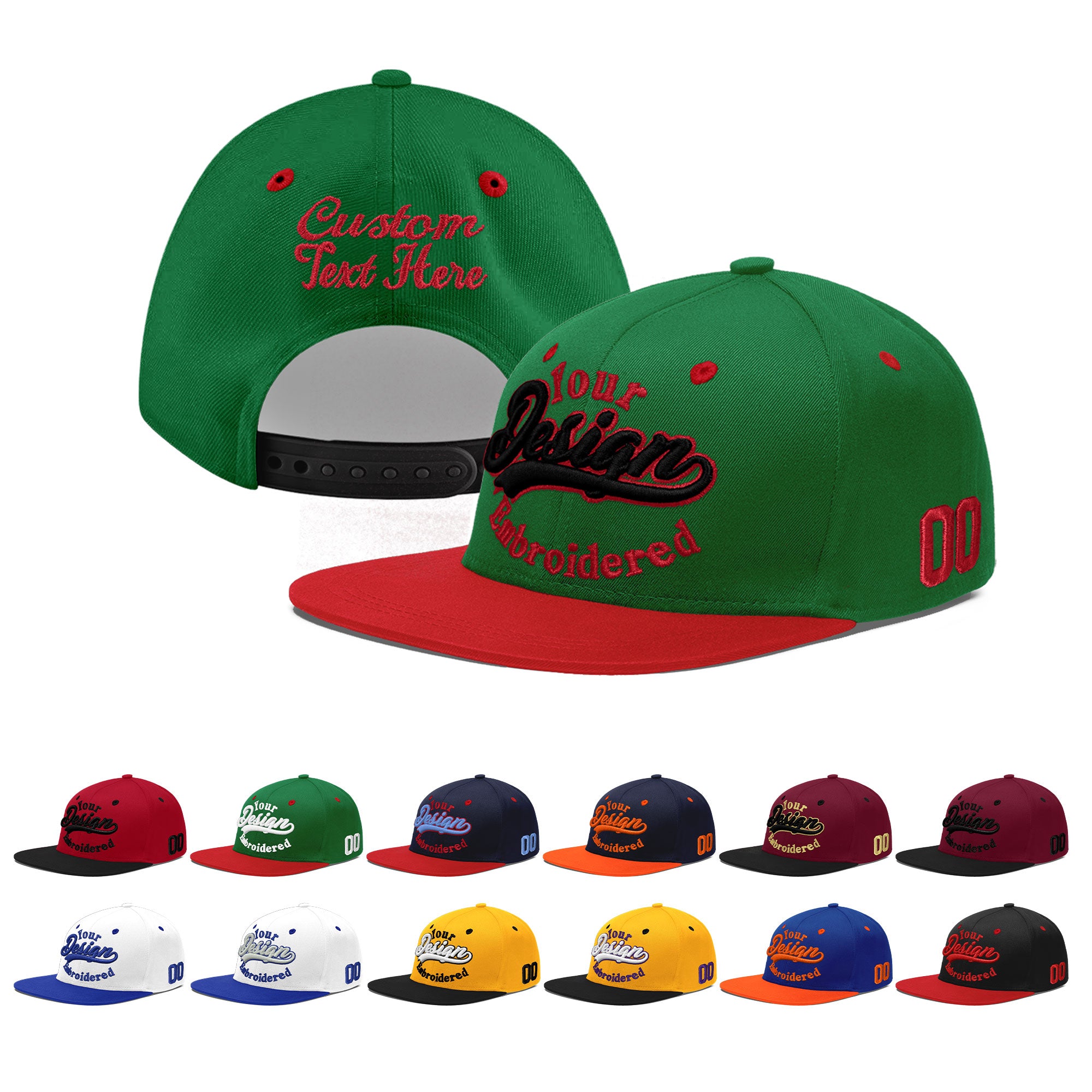 Custom Kelly Green Red 3D Puff Embroidery Flat Embroidery Casual Sport Baseball Cap