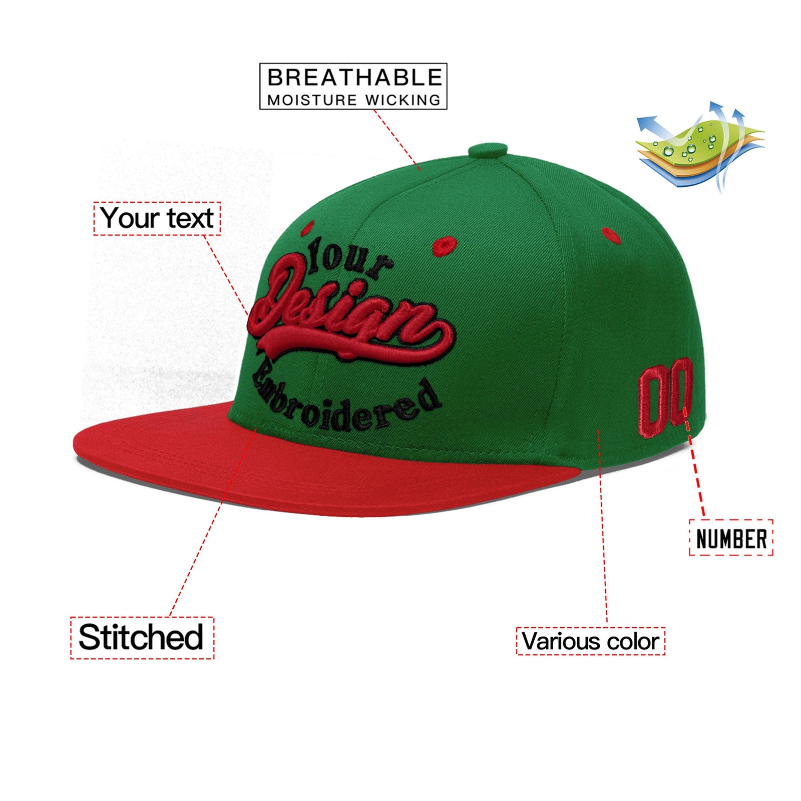 Custom Kelly Green Red 3D Puff Embroidery Flat Embroidery Casual Sport Baseball Cap