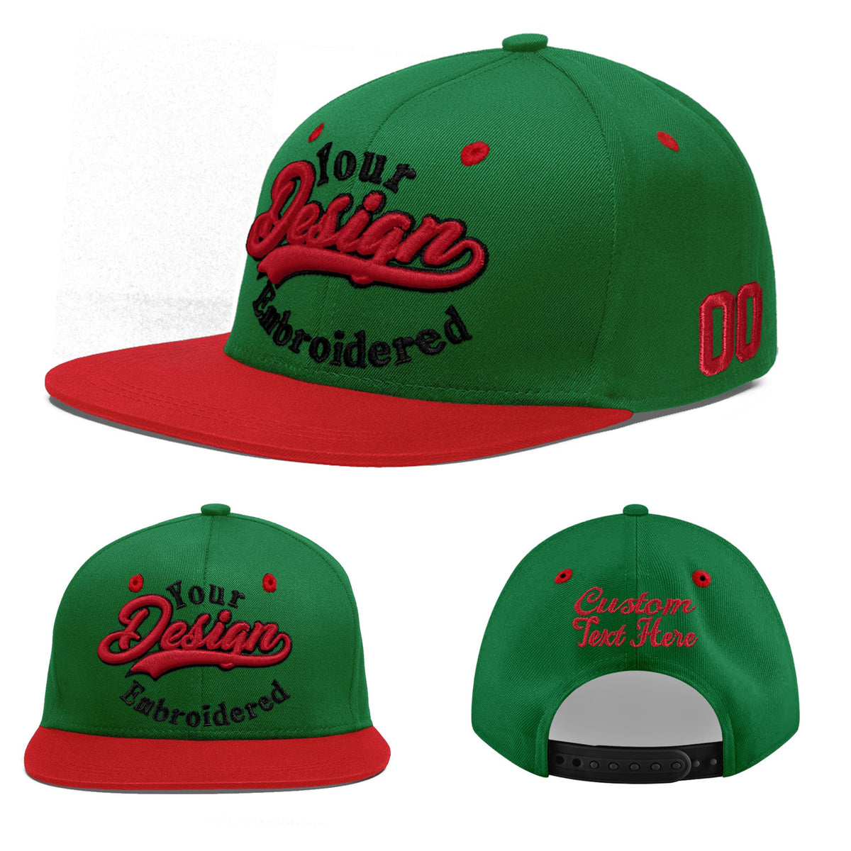 Custom Kelly Green Red 3D Puff Embroidery Flat Embroidery Casual Sport Baseball Cap