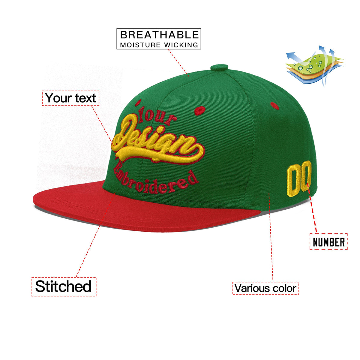 Custom Kelly Green Red 3D Puff Embroidery Flat Embroidery Casual Sport Baseball Cap