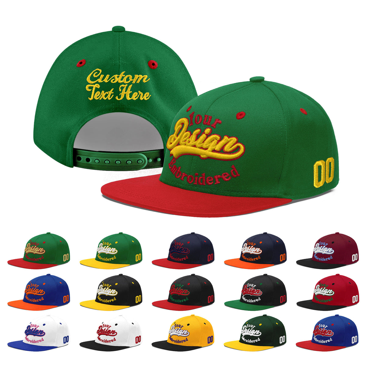 Custom Kelly Green Red 3D Puff Embroidery Flat Embroidery Casual Sport Baseball Cap