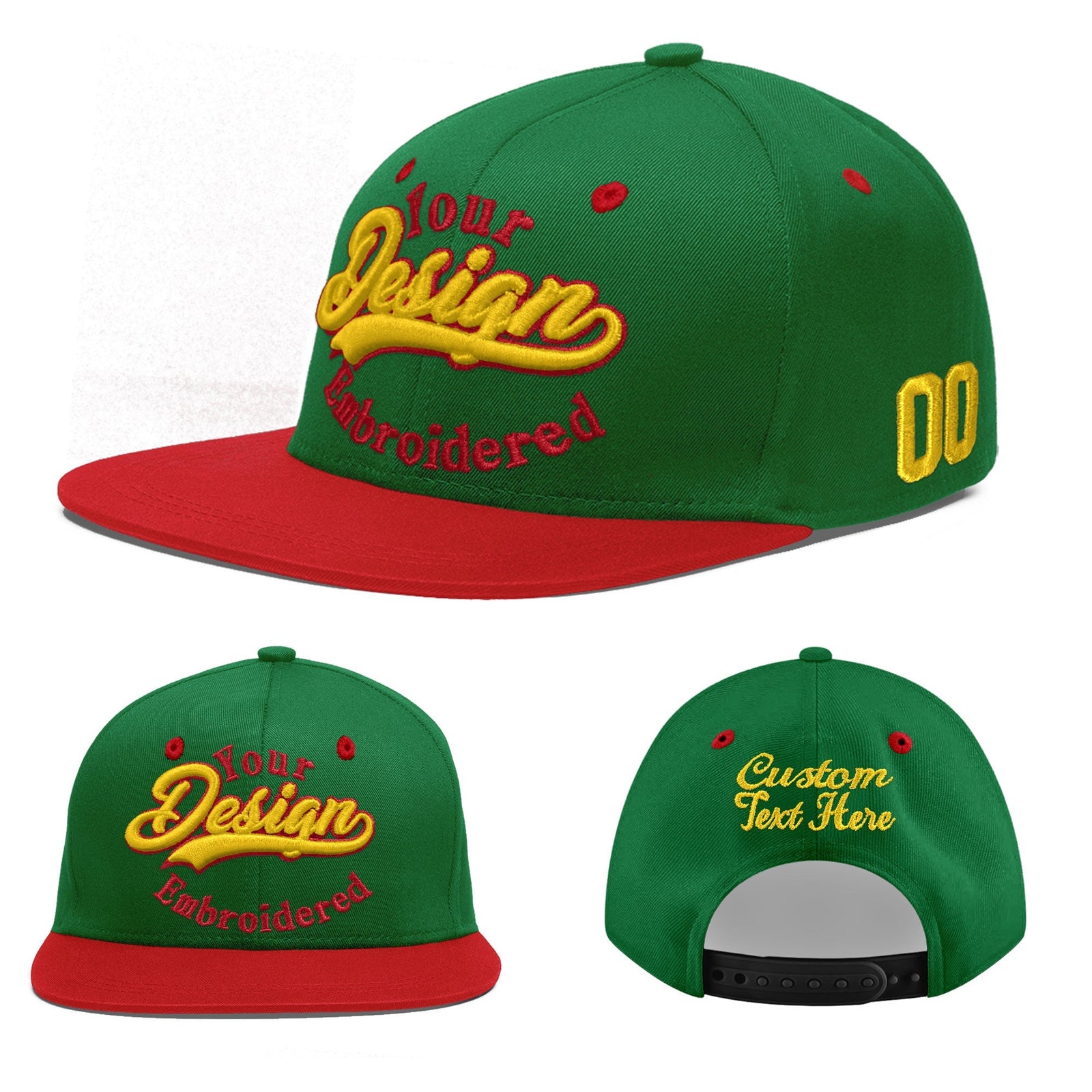 Custom Kelly Green Red 3D Puff Embroidery Flat Embroidery Casual Sport Baseball Cap