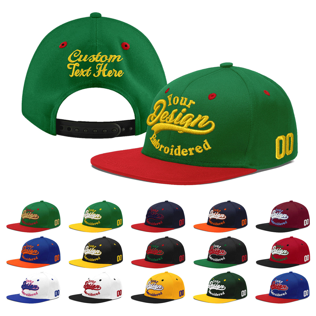 Custom Kelly Green Red 3D Puff Embroidery Flat Embroidery Casual Sport Baseball Cap