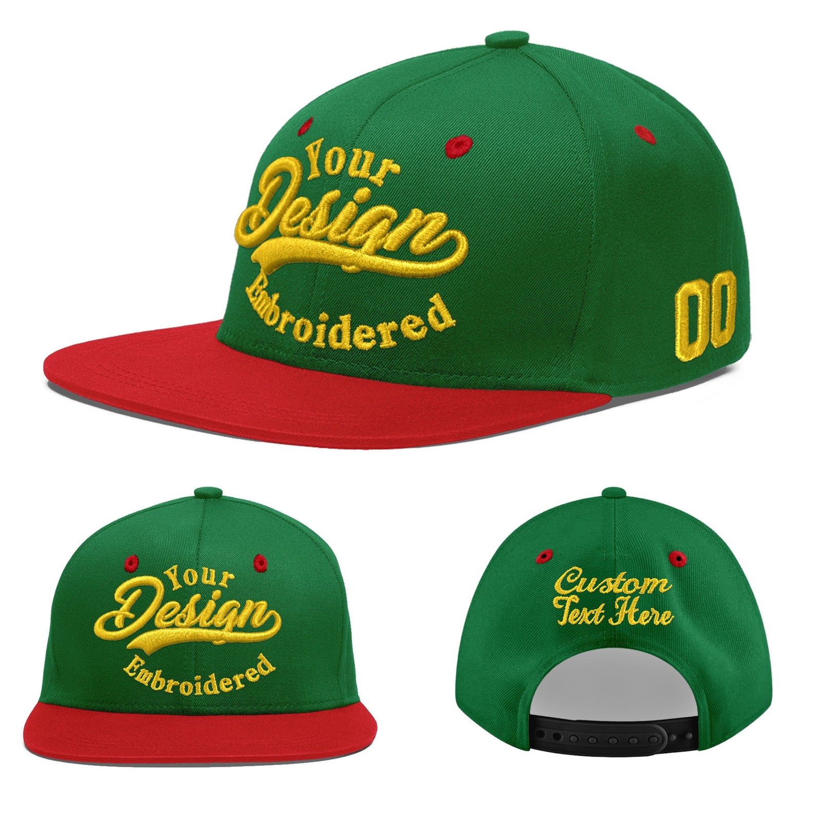 Custom Kelly Green Red 3D Puff Embroidery Flat Embroidery Casual Sport Baseball Cap