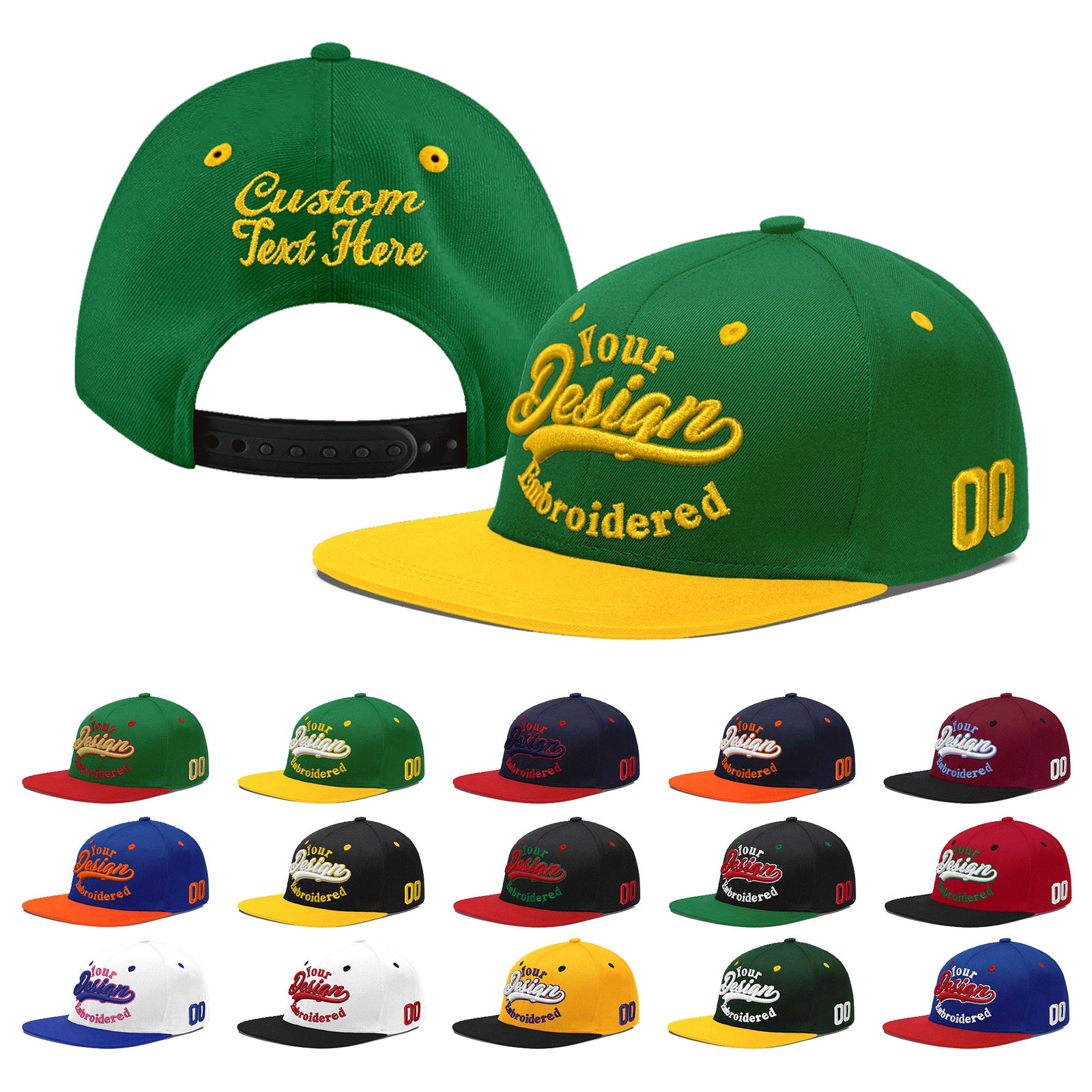 Custom Kelly Green Gold 3D Puff Embroidery Flat Embroidery Casual Sport Baseball Cap