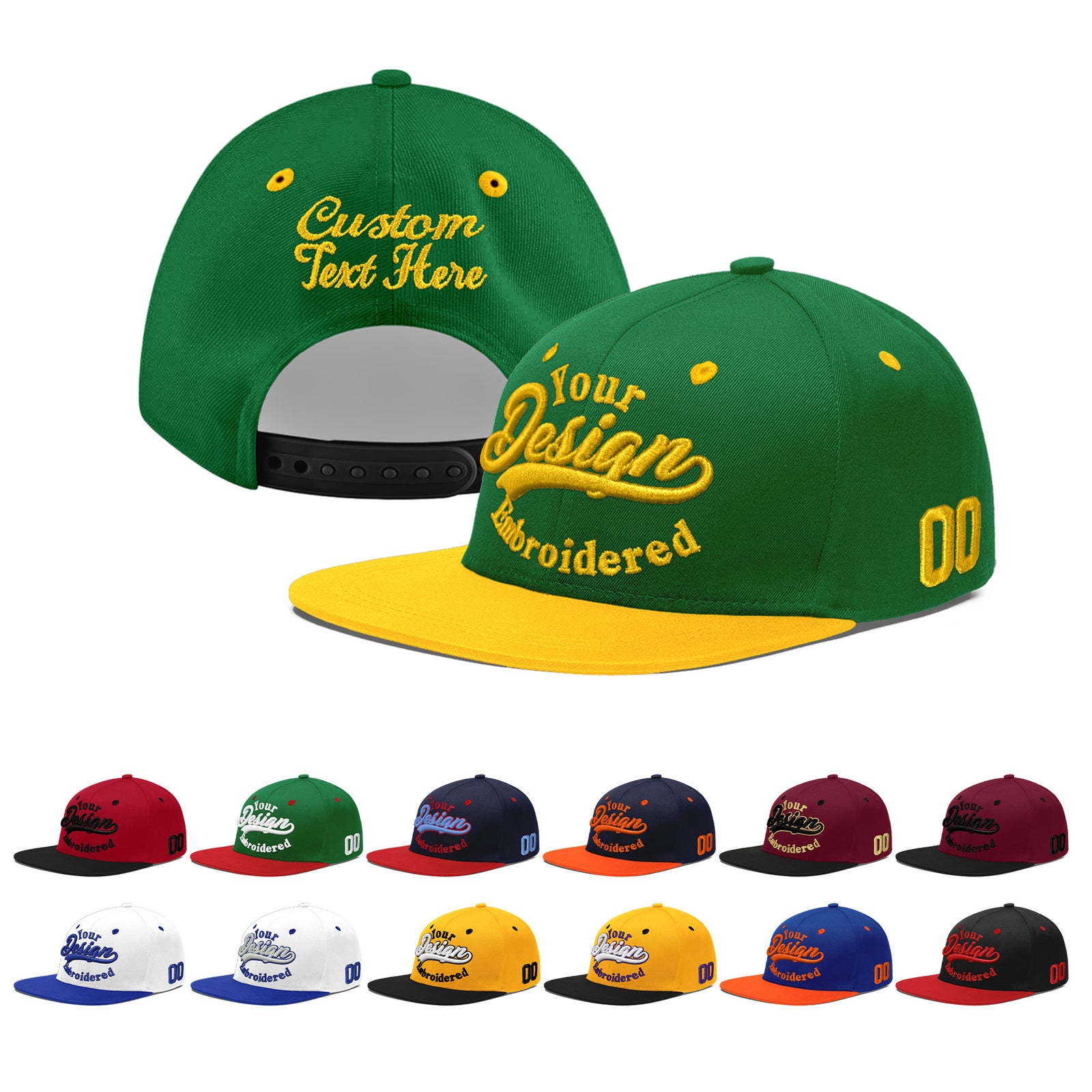Custom Kelly Green Gold 3D Puff Embroidery Flat Embroidery Casual Sport Baseball Cap