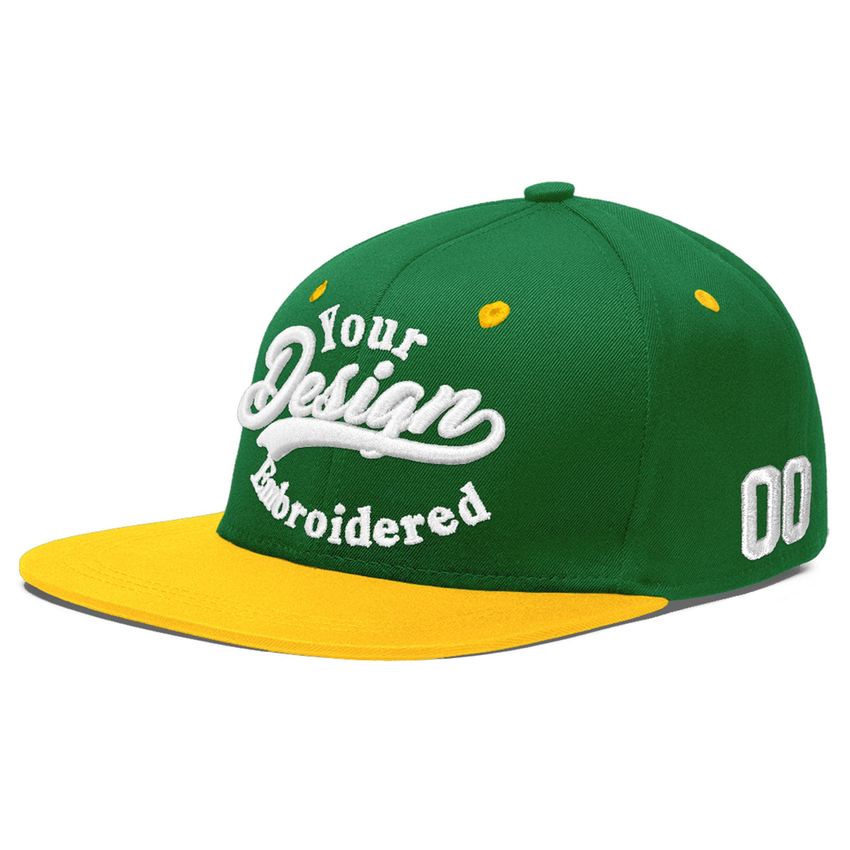 Custom Kelly Green Gold 3D Puff Embroidery Flat Embroidery Casual Sport Baseball Cap