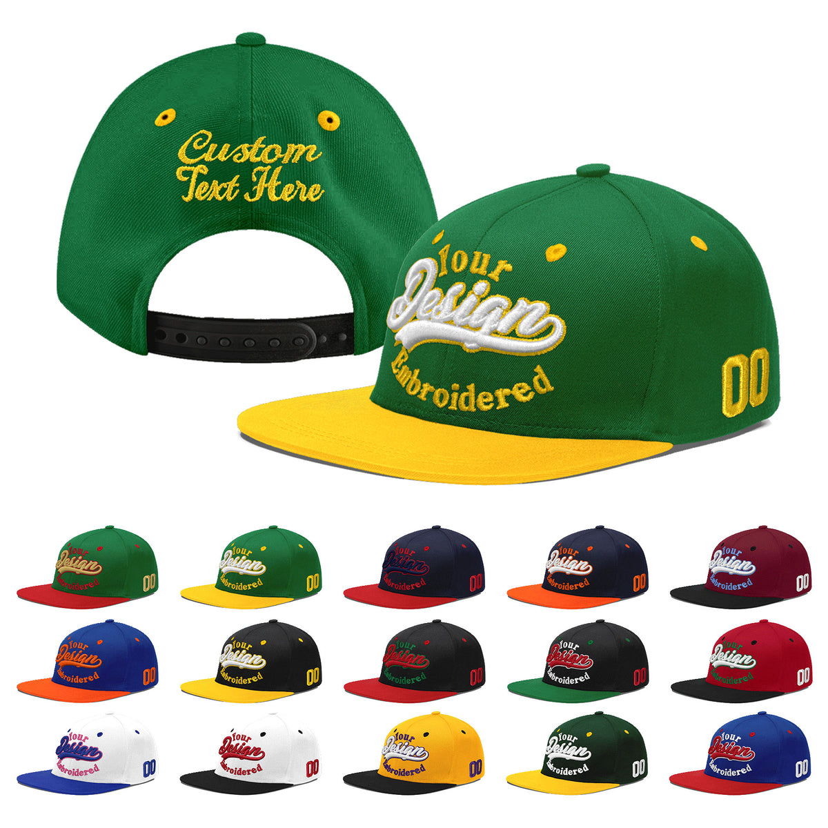 Custom Kelly Green Gold 3D Puff Embroidery Flat Embroidery Casual Sport Baseball Cap