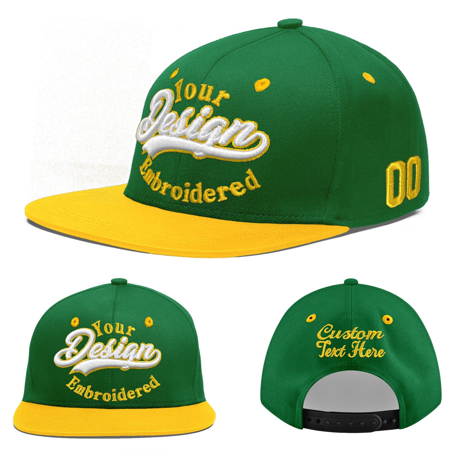 Custom Kelly Green Gold 3D Puff Embroidery Flat Embroidery Casual Sport Baseball Cap
