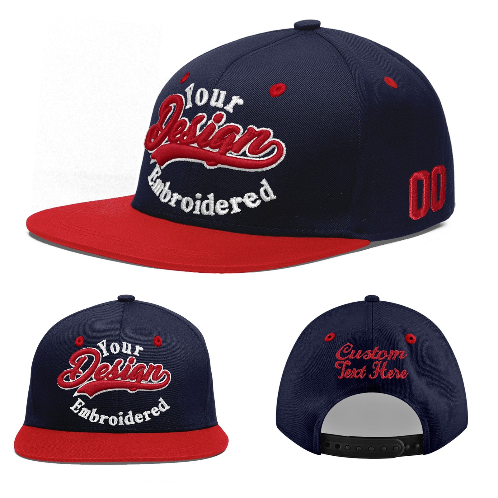 Custom Navy Red 3D Puff Embroidery Flat Embroidery Casual Sport Baseball Cap