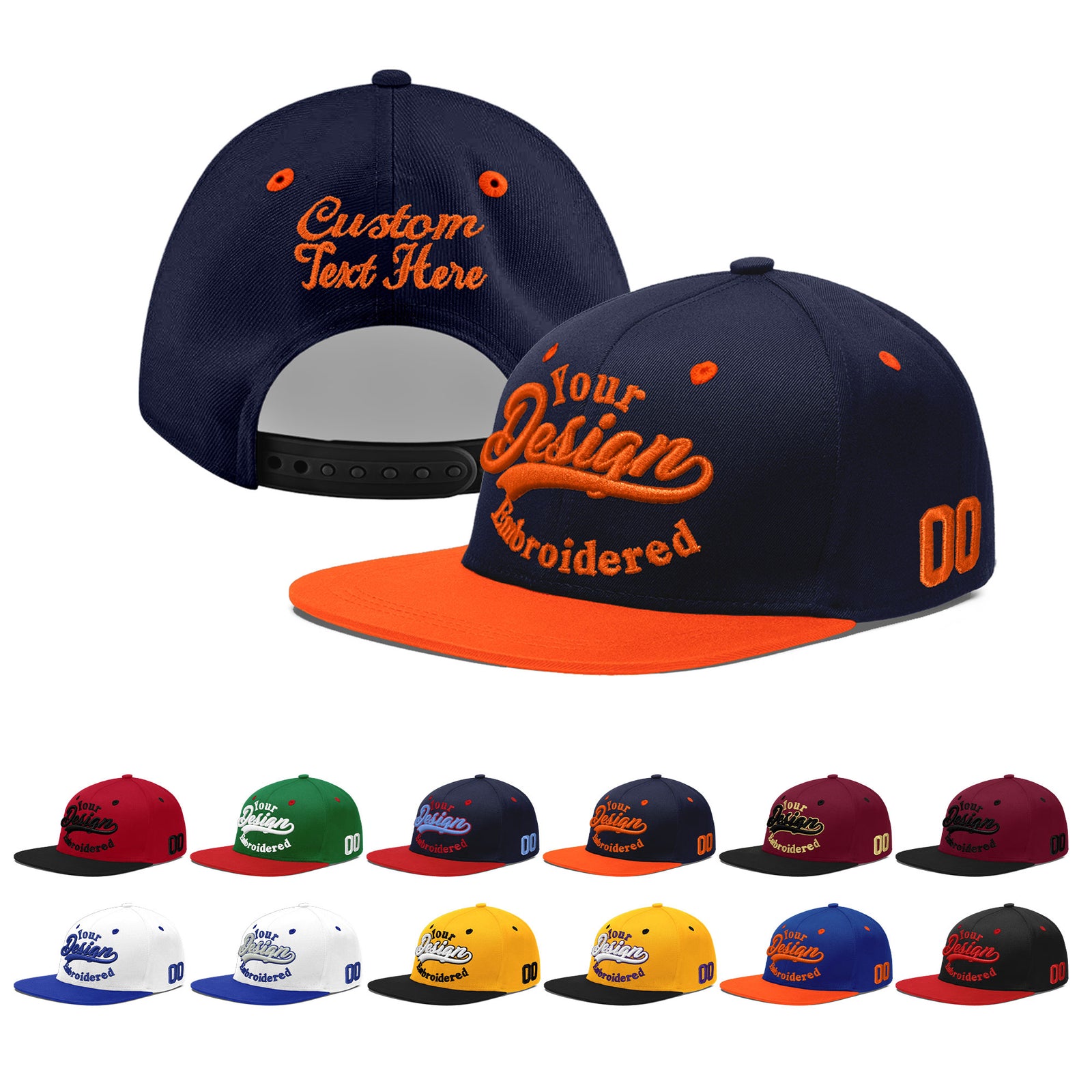 Custom Navy Orange 3D Puff Embroidery Flat Embroidery Casual Sport Baseball Cap